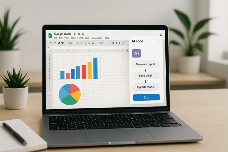 An open laptop displaying automated Google Sheets with AI integration