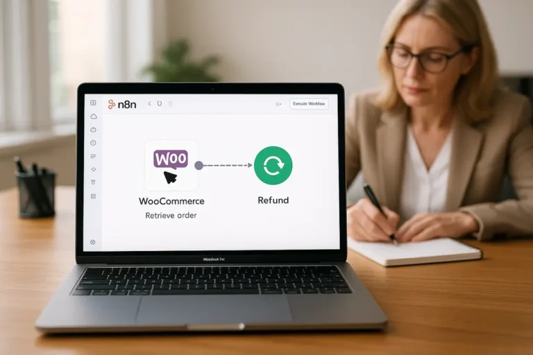 Visual representation of automating WooCommerce refunds using n8n workflow automation.