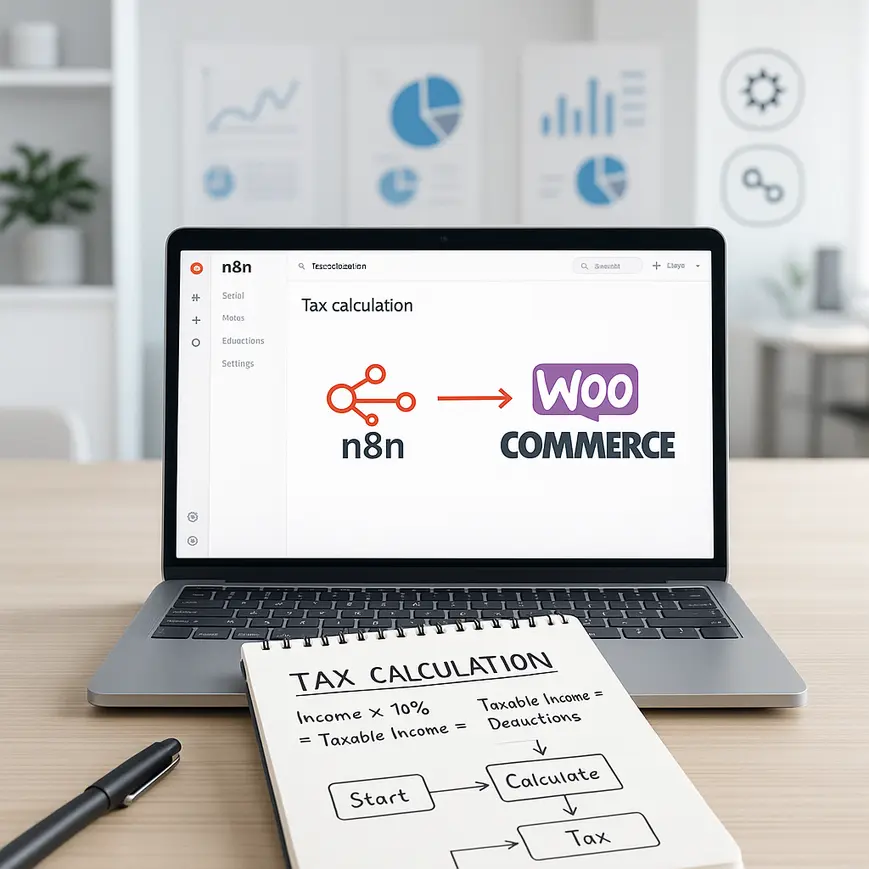 Illustration showing n8n automating WooCommerce tax calculations.