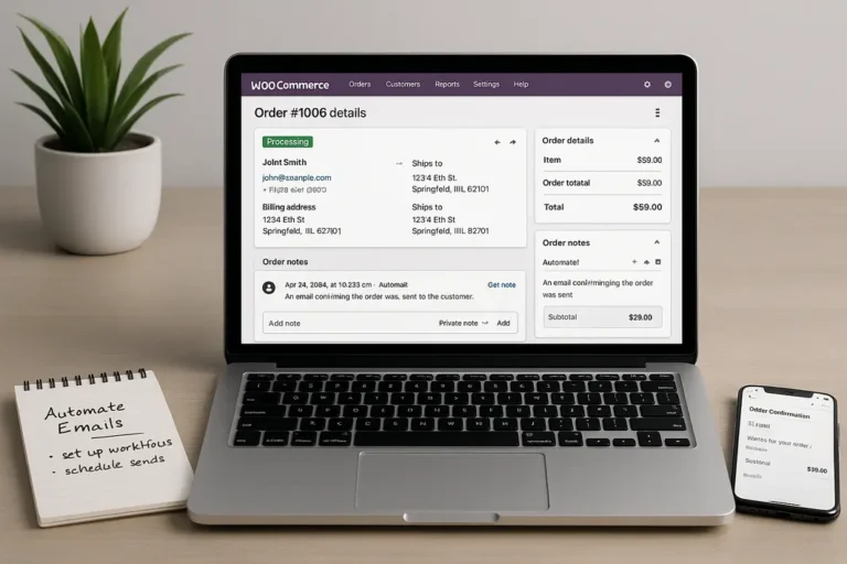 Illustration showing WooCommerce and n8n integration for automated emails