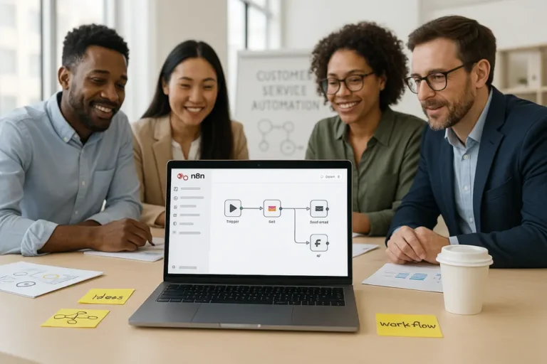 A small business owner automating customer service emails using the n8n workflow tool.
