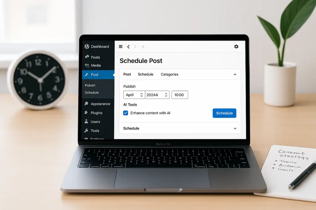 Illustration of AI tools automating WordPress post scheduling
